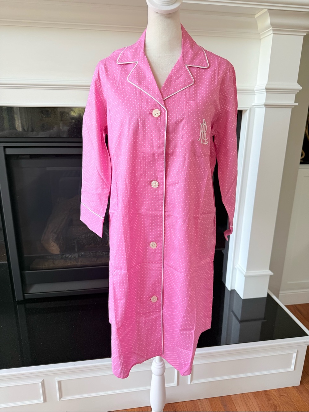 Lauren Ralph Lauren Pink Polka Dot Long Button Sleep Shirt with White Piping